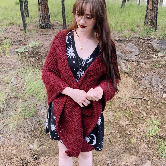 Thick Cozy Burgundy Crocheted Blanket Shawl Fall Winter Evening Shawl Handmade - Picture 6 of 10